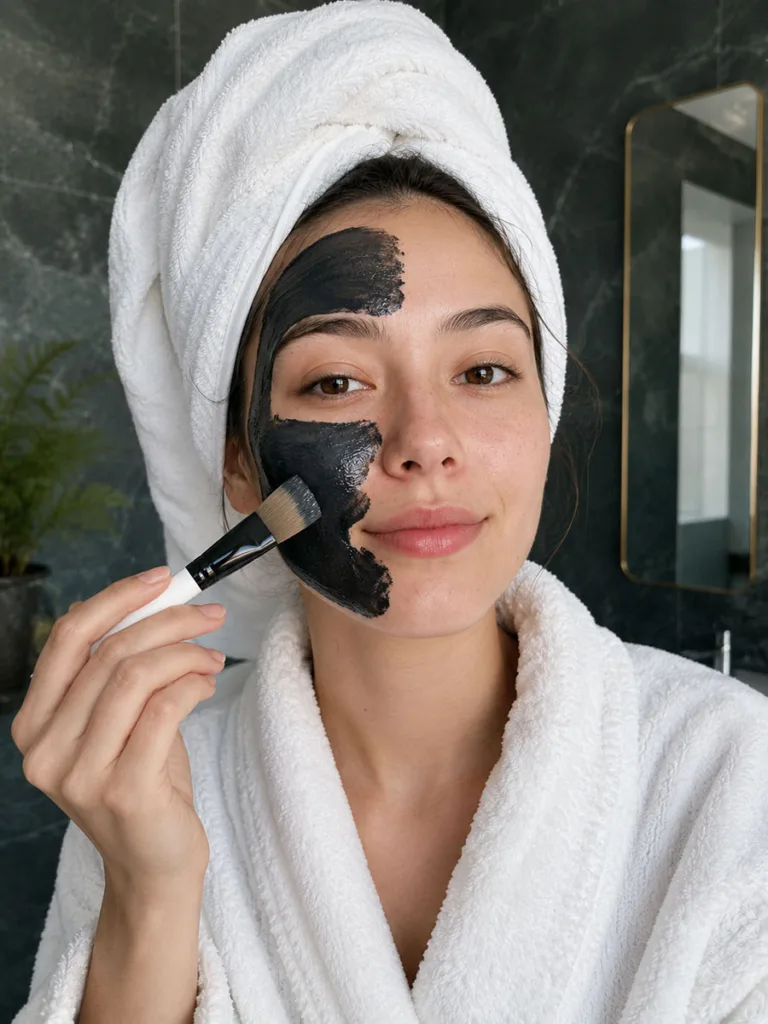 Woman applying a black charcoal mask to her face with a flat brush
