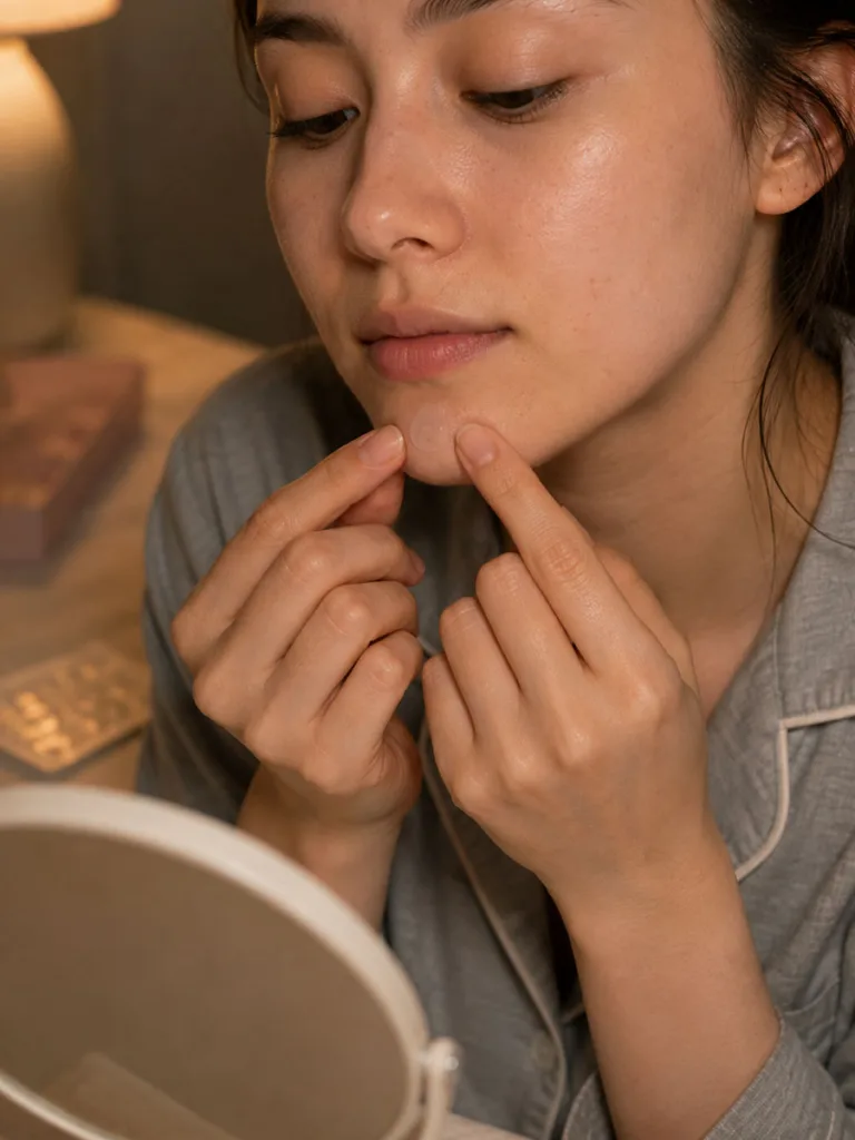 Woman applying a small hydrocolloid pimple patch to her chin before bed