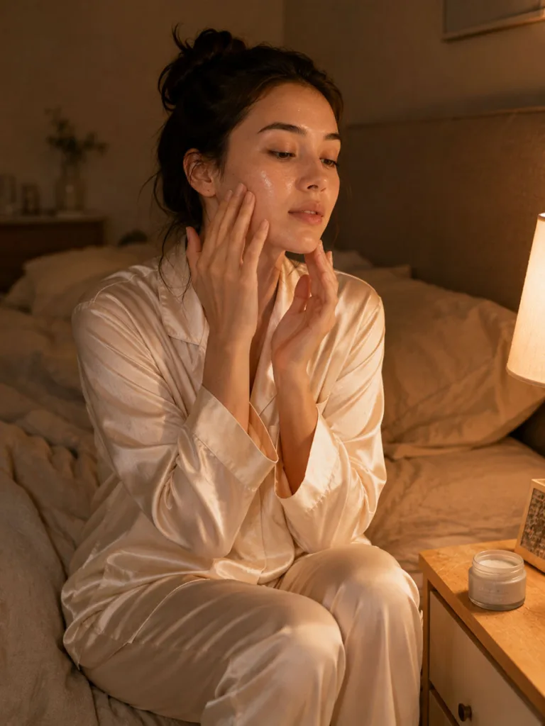 Woman applying a hydrating sleeping mask as the final step of her night routine