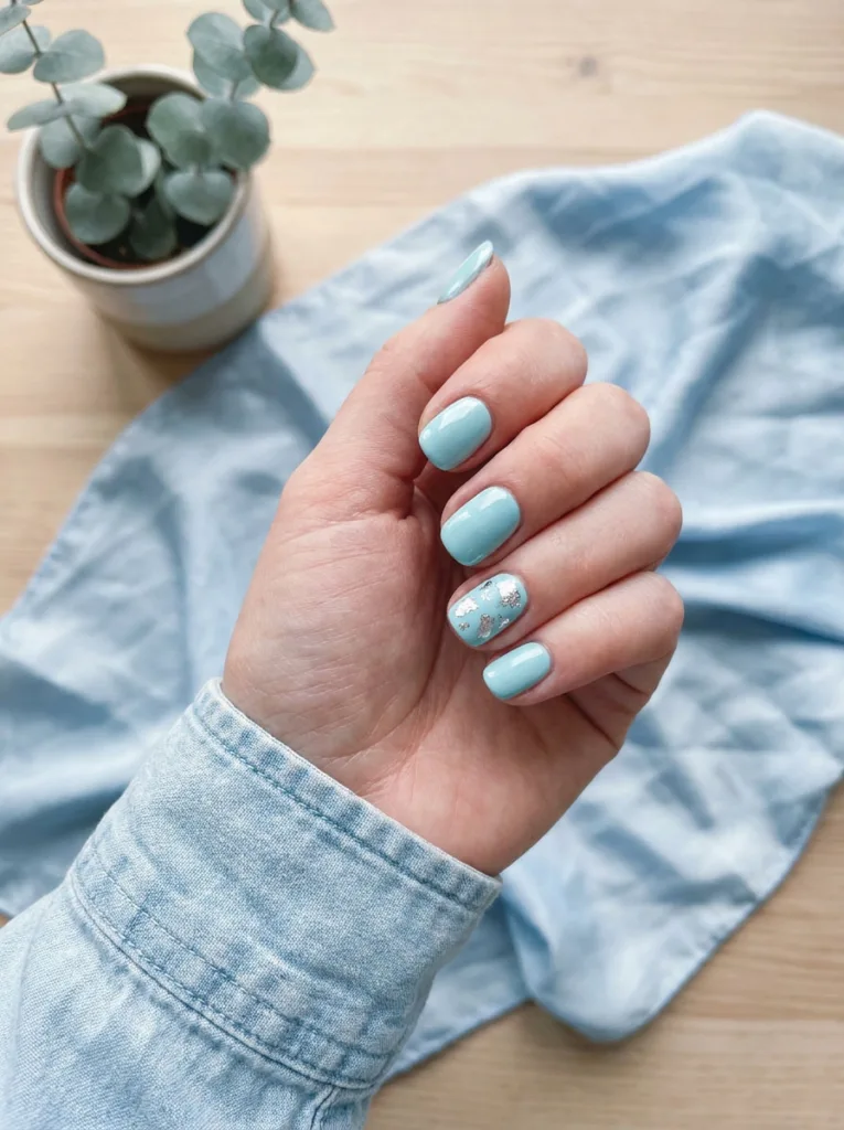 Aqua blue winter nails with subtle silver foil flecks