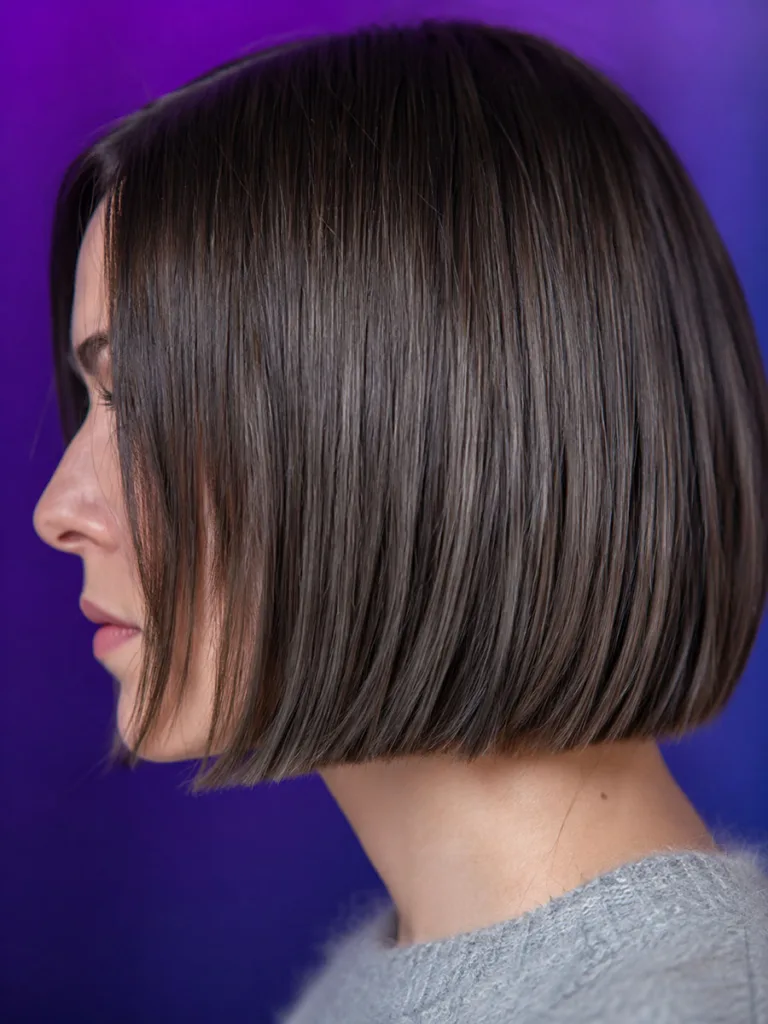 Side profile of cool ash brown hair color against a vibrant violet-blue backdrop