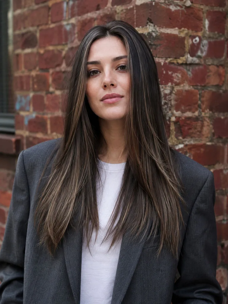 Woman with cool-toned ash brown balayage against an urban brick wall