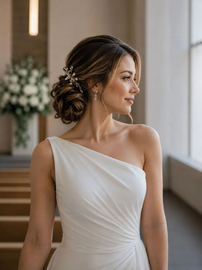 Side-swept asymmetrical wedding bun paired with a one-shoulder gown
