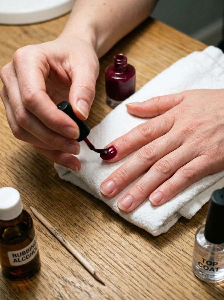 Fair-skinned hand applying deep burgundy nail polish at a home manicure station