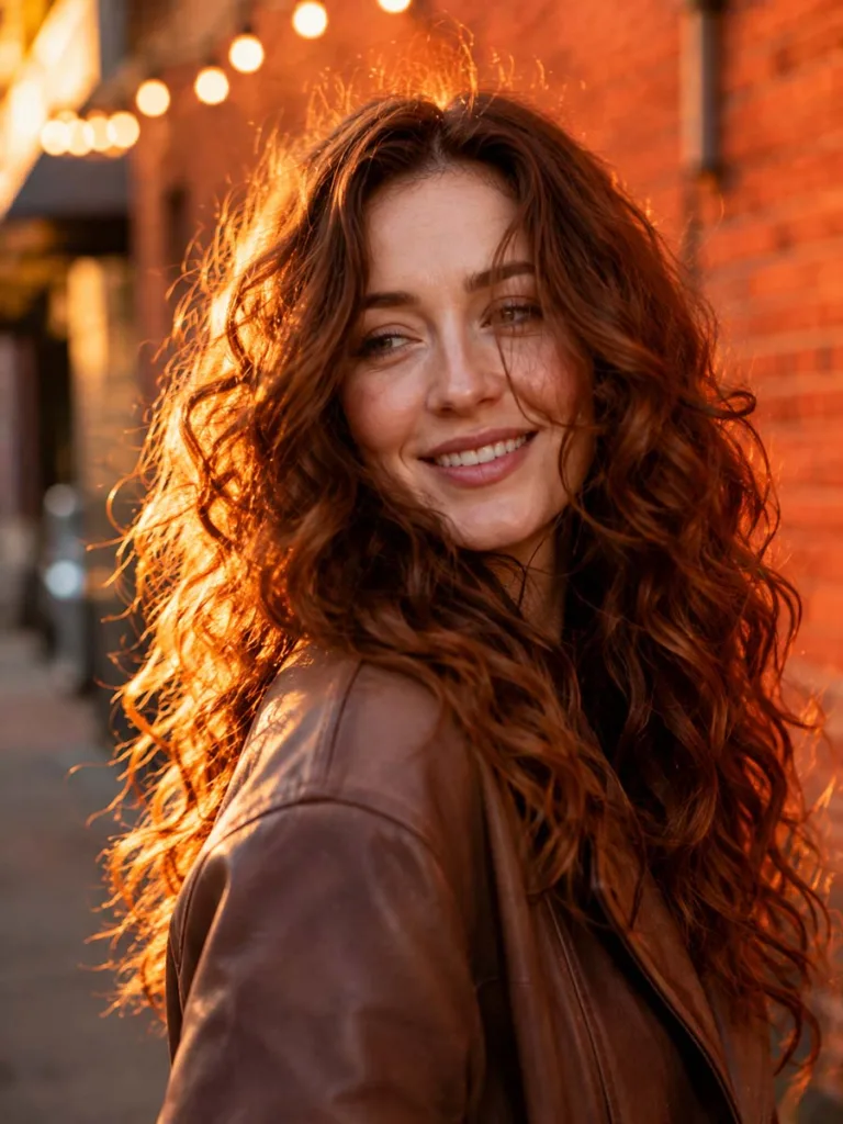 Woman walking with copper auburn brown hair color against a vibrant orange brick wall