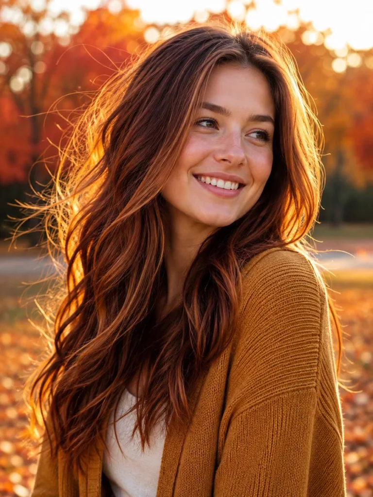 Woman with auburn balayage hair in a park during autumn