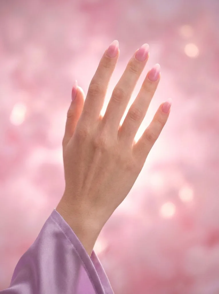 Fair-skinned hand with soft pink aura fade almond nails against glowing pink backdrop