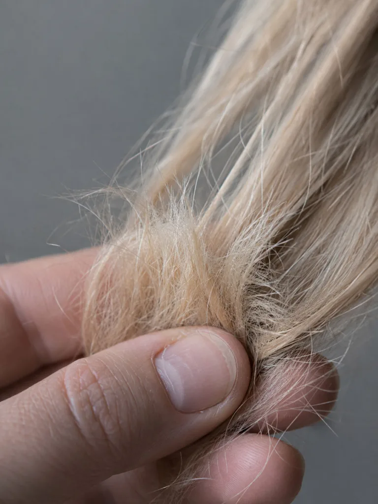 Close-up of dry, damaged blonde hair ends highlighting the importance of deep conditioning