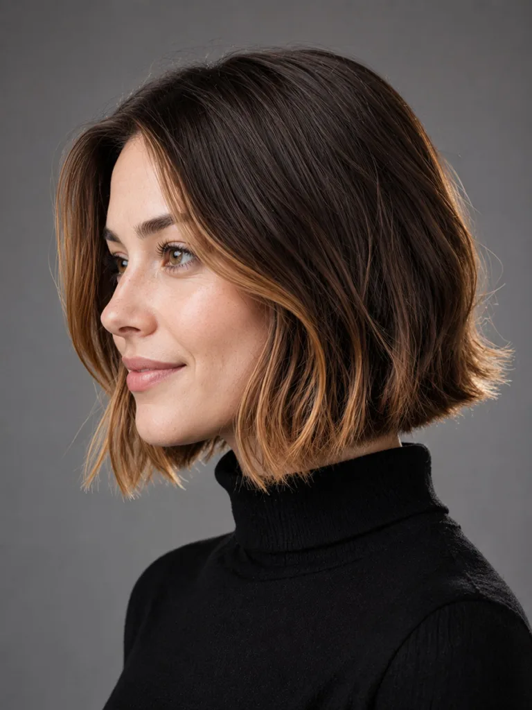 Fall brunette balayage placement on a short bob haircut