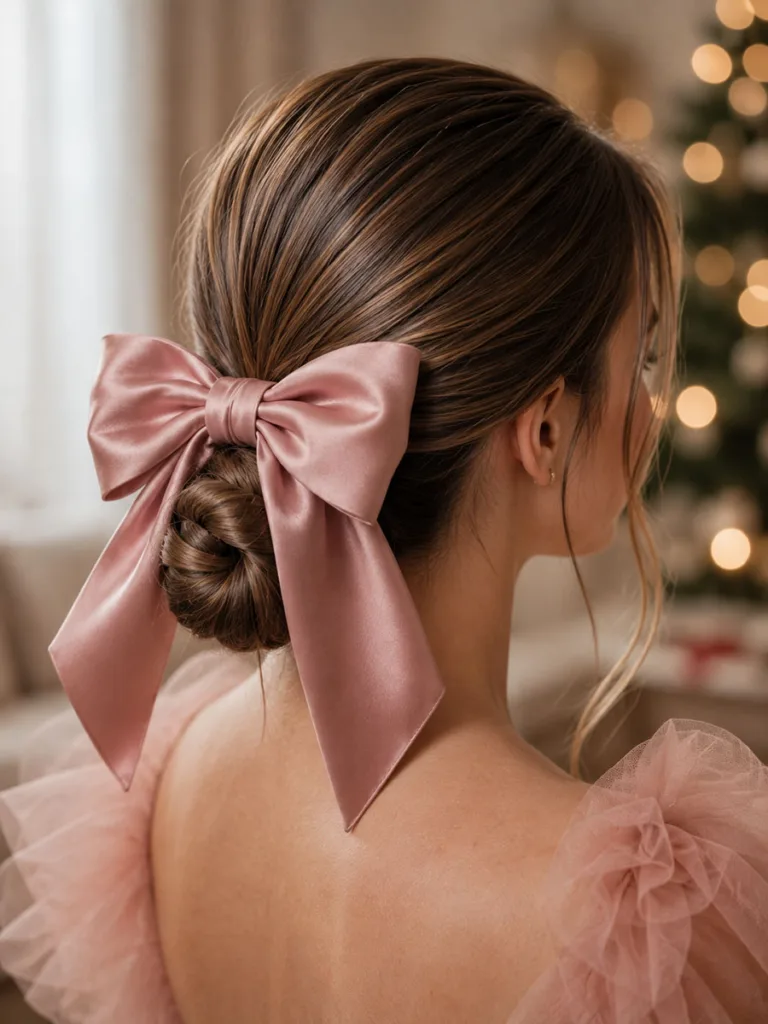 Close-up of a ballerina bun christmas hairstyle with a satin bow
