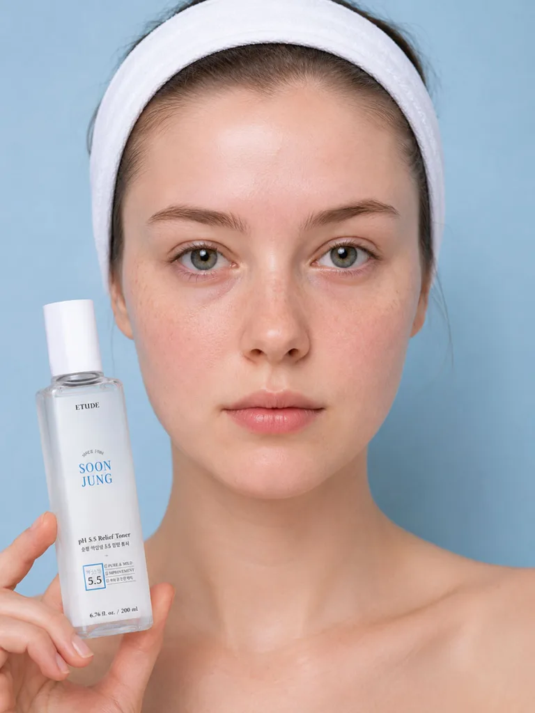 Bare-faced woman with calm reactive skin after using SoonJung pH 5.5 toner