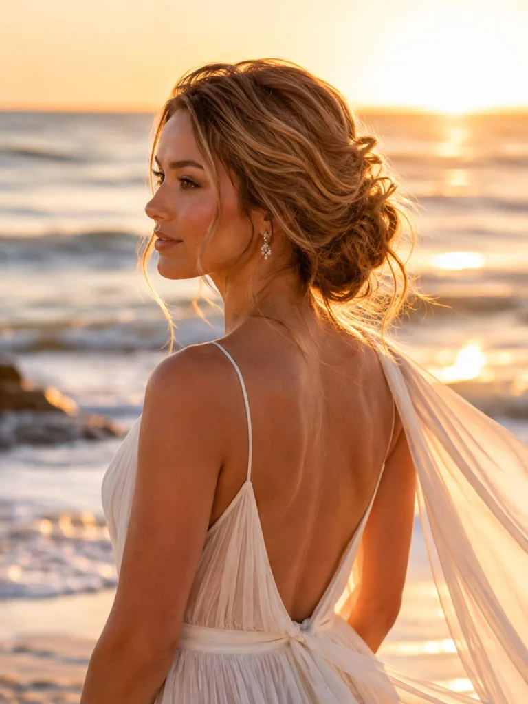 Loose wave chignon wedding updo at a beach destination wedding sunset