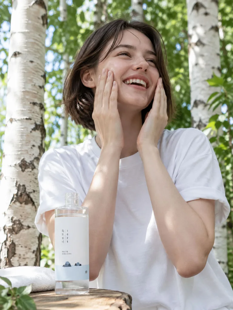 Woman laughing outdoors while applying Round Lab Dokdo birch sap toner