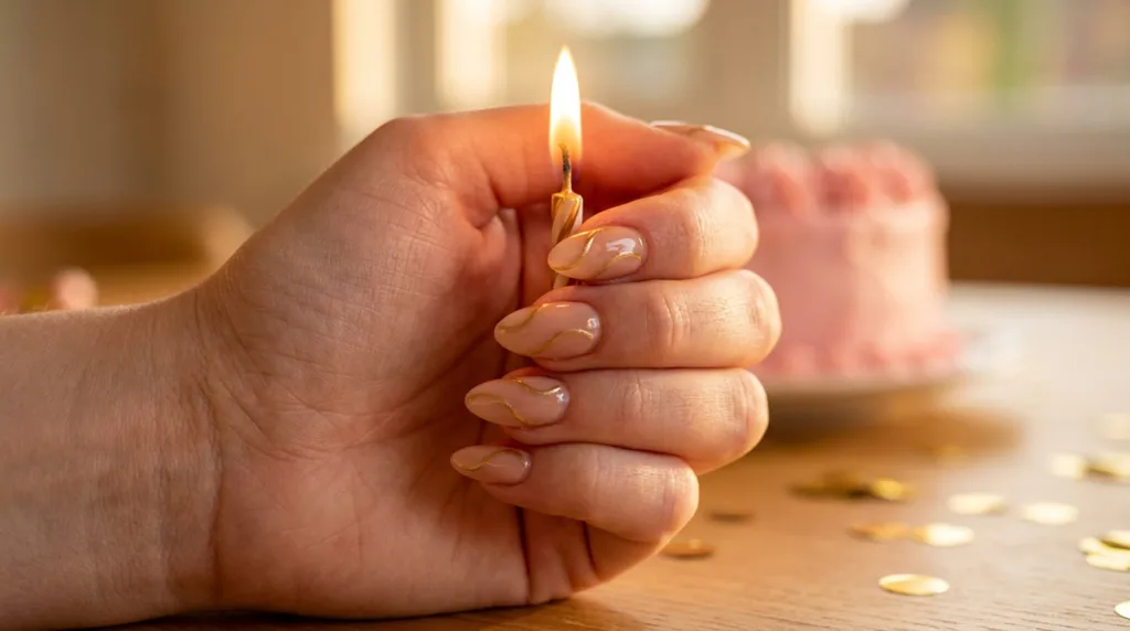 Close-up of a woman's hand with gold swirl birthday nails holding a lit birthday candle
