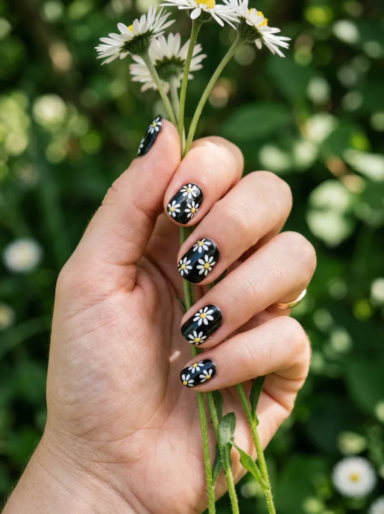 Close-up of a hand holding daisy stems, white daisy nail art on a black manicure