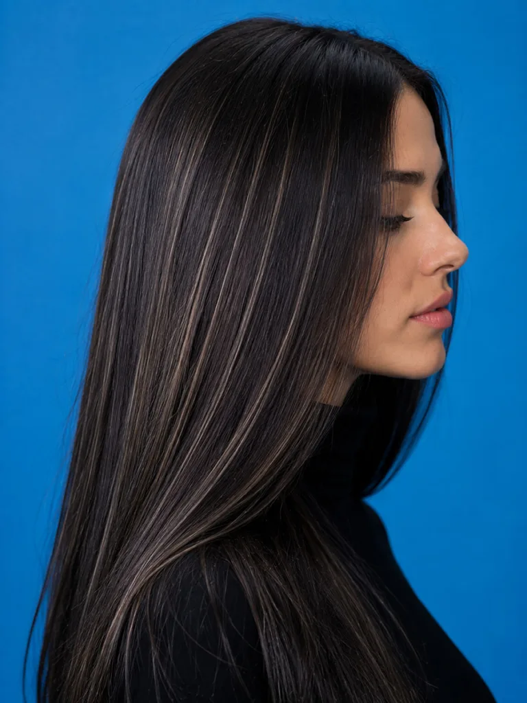 Solid black hair with fine ashy babylights against a vibrant cyan studio backdrop