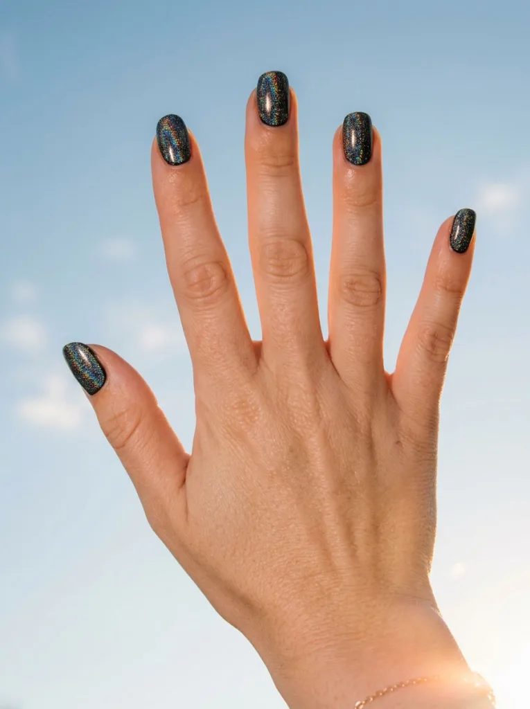 Close-up of a hand raised overhead, holographic rainbow sparkle over black nail polish