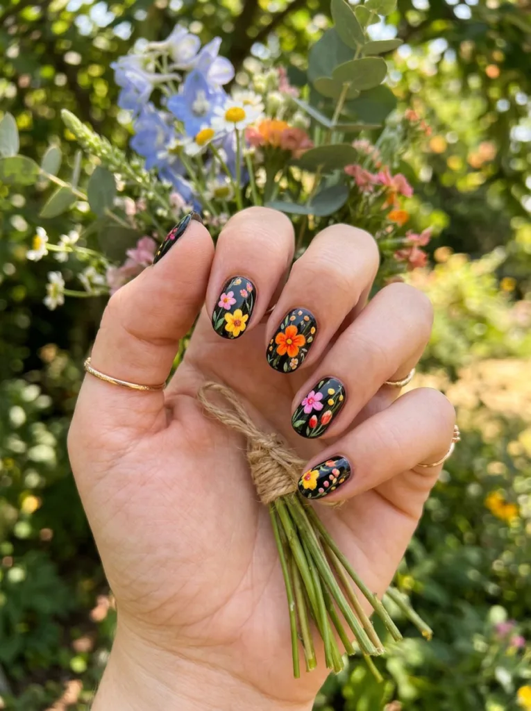 Close-up of a hand cradling a bouquet from below, colorful floral nail art on black polish