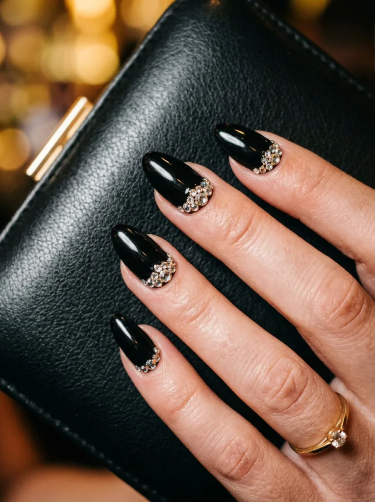 Close-up of a hand holding a clutch purse, black nails with sparkling rhinestone accents