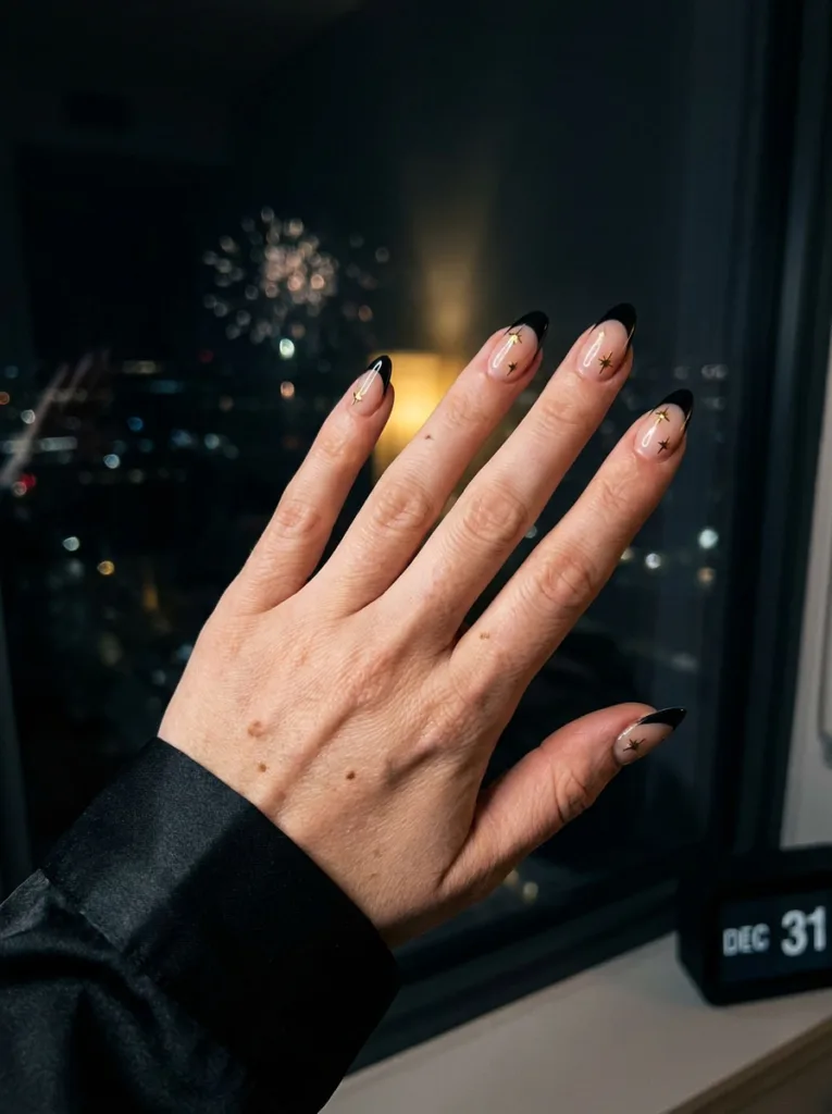 Black French tips with hand-painted gold stars, hand posed near a window with New Year's Eve city lights