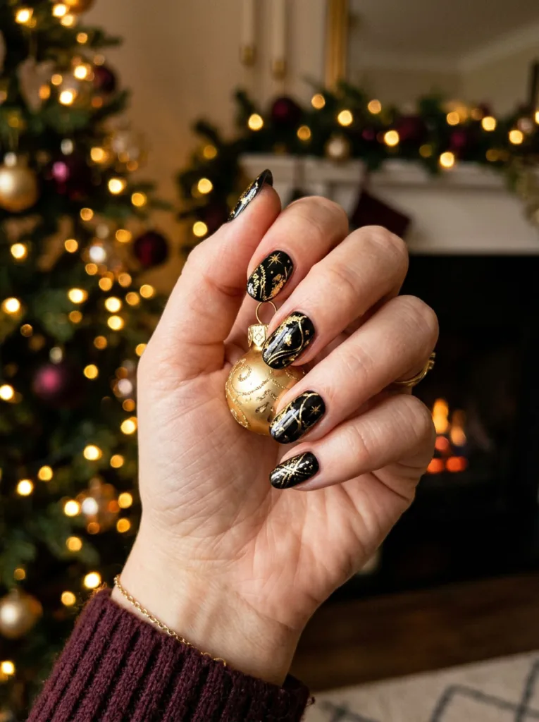 Close-up of a hand holding a gold ornament, black and gold foil nail art