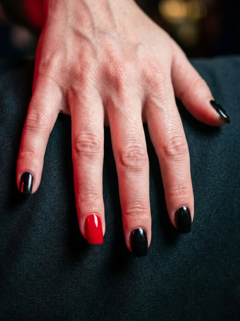 Close-up of a hand resting on a thigh, black nails with one bold red accent nail