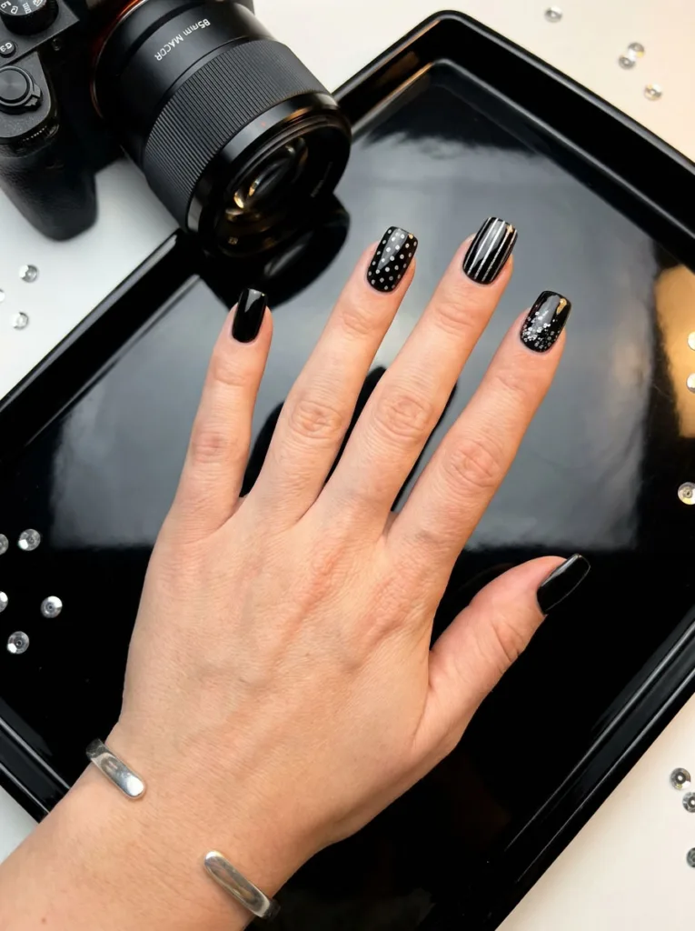 Black and silver confetti new years nails with mismatched glitter accents