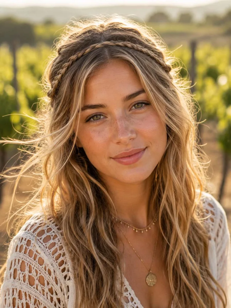 Woman with a braided headband summer hairstyle at a vineyard