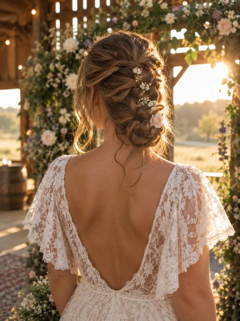 Boho braided wedding bun with fresh wildflowers at a rustic barn wedding
