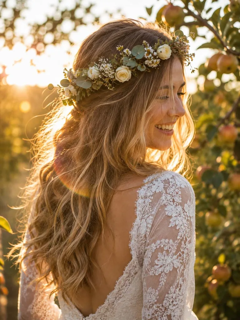 Boho flower crown half up hairstyle with loose waves for an outdoor rustic wedding