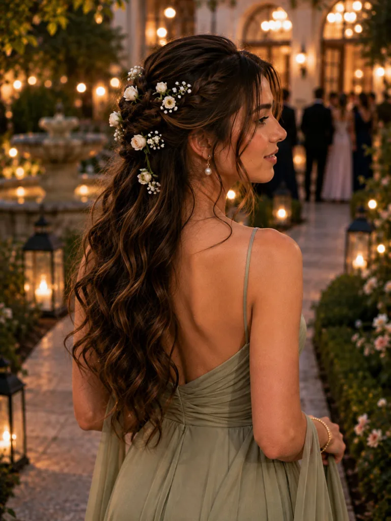Boho half-up prom hairstyle for long hair with flowers, greenhouse setting