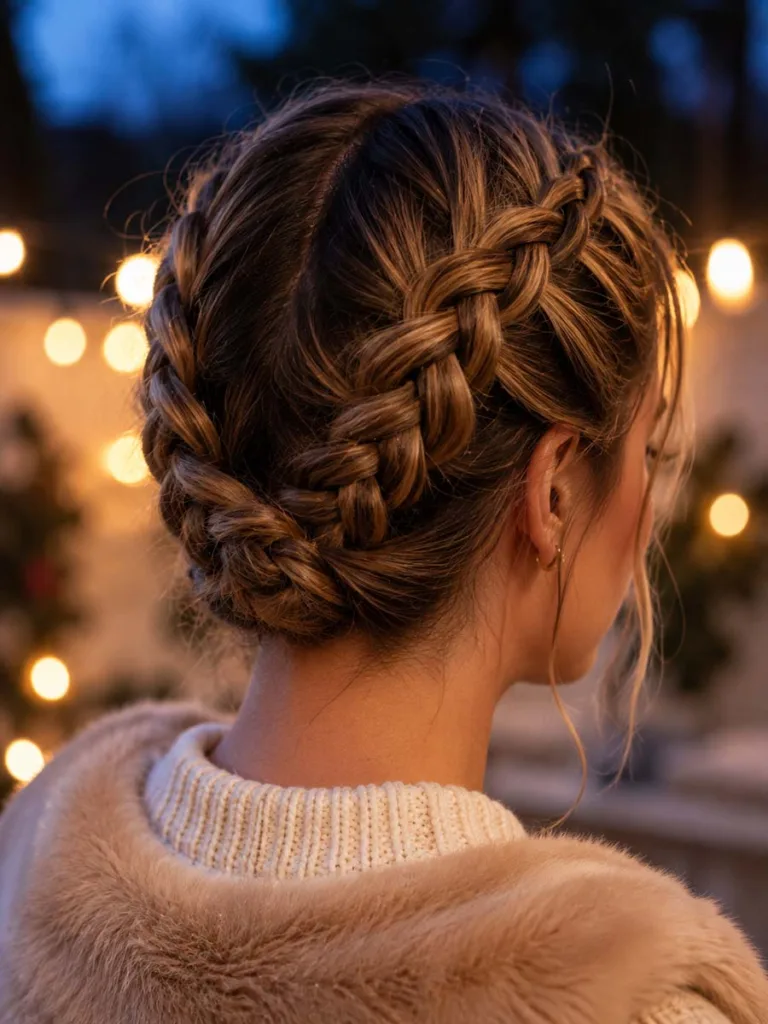 Close-up of a braided crown christmas hairstyle from behind