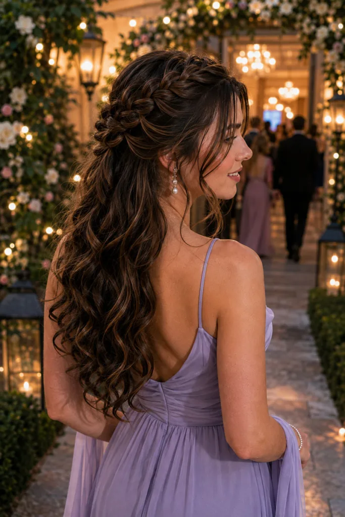 Braided crown half-up prom hairstyle for long hair under a floral arch