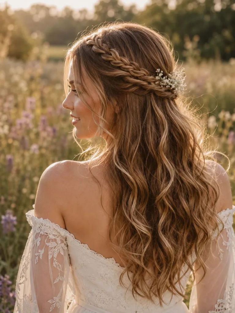 Braided halo half up hairstyle for a boho garden wedding