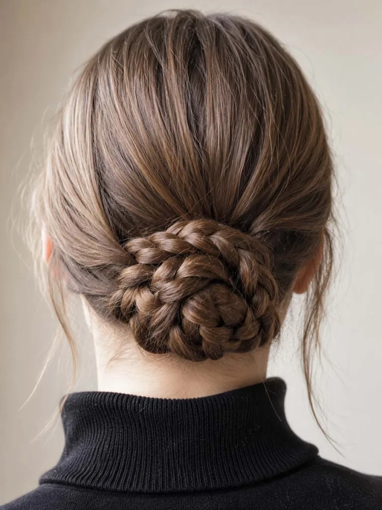 Close-up back view of a braided low bun hairstyle on long hair