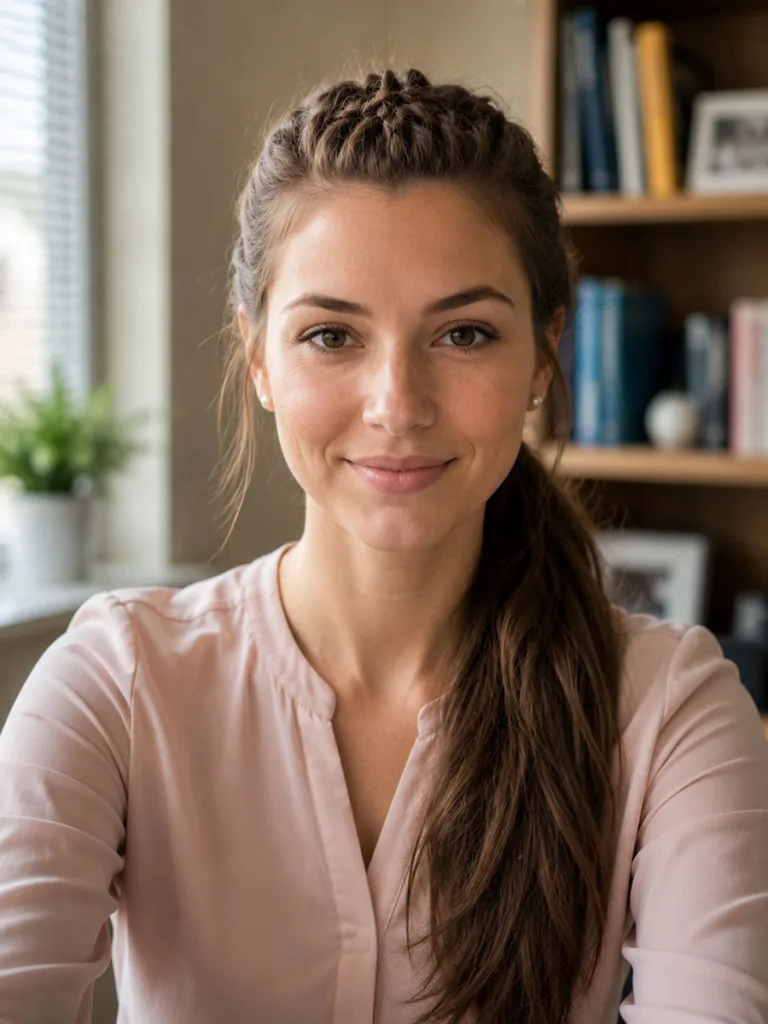 Woman with a braided ponytail hairstyle sitting at a desk for a video call