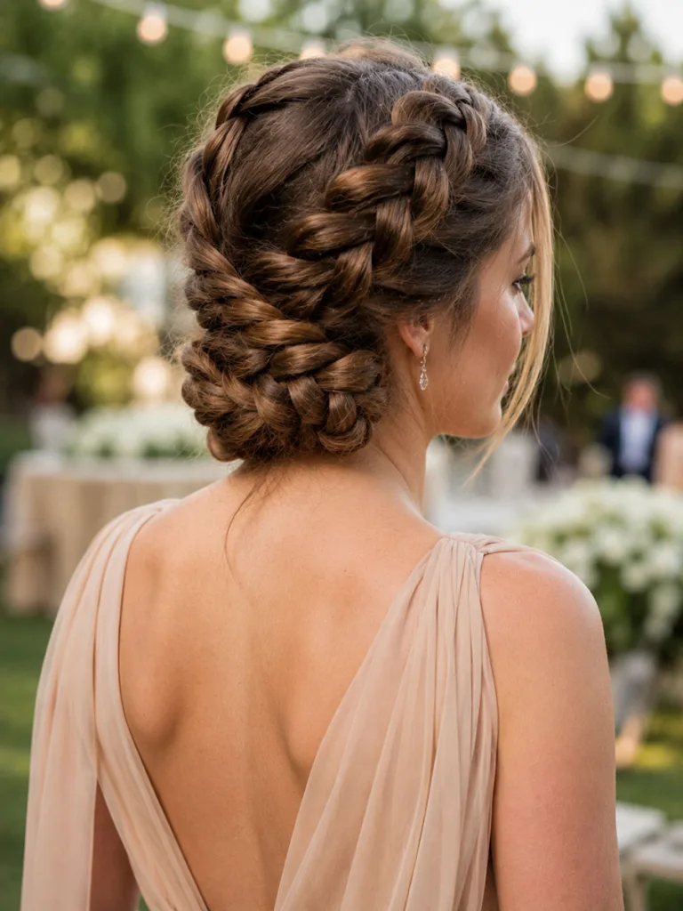 Woman with a braided updo hairstyle outdoors at a wedding ceremony