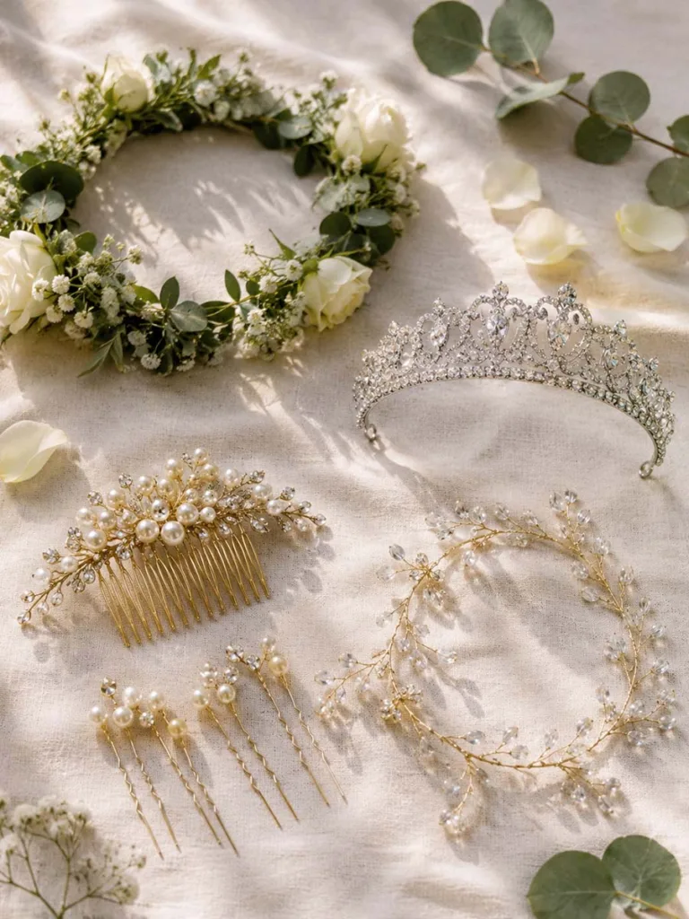 Wedding hair for brides, accessories including floral crown, tiara, comb, pins, and vine for half up half down styles