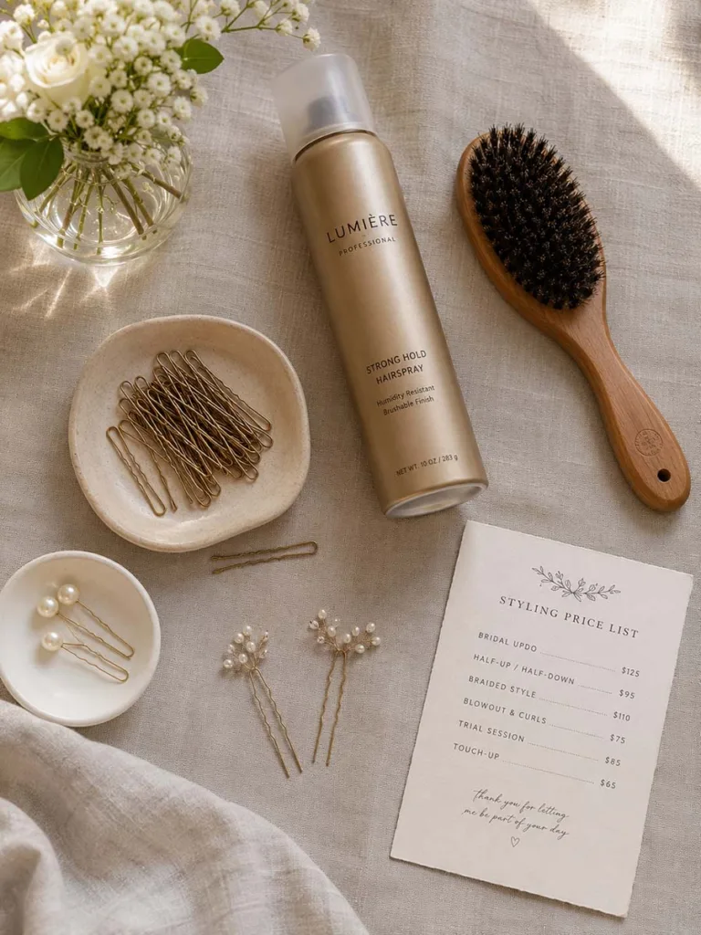 Flat lay of bridal hair styling tools representing wedding updo cost planning
