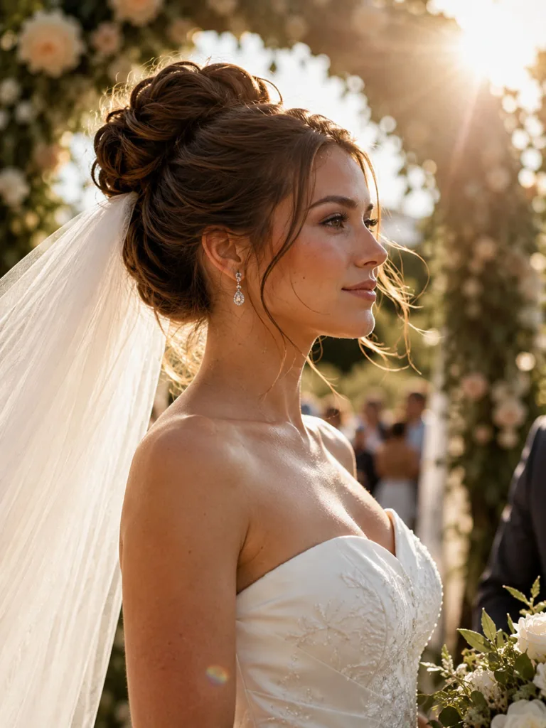 Bride's wedding updo holding its shape outdoors in wind and sunlight during an outdoor ceremony