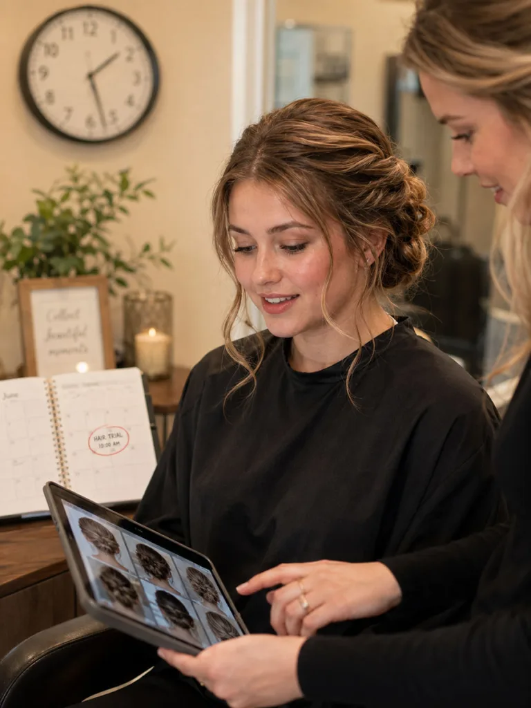 Bride reviewing her wedding hair trial timeline with her stylist at a salon