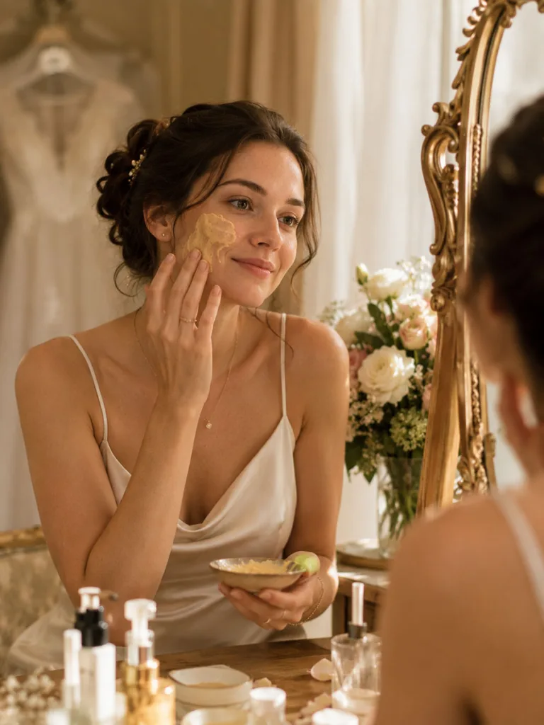 Young woman applying a traditional homemade turmeric and sandalwood face mask in bridal preparation styling