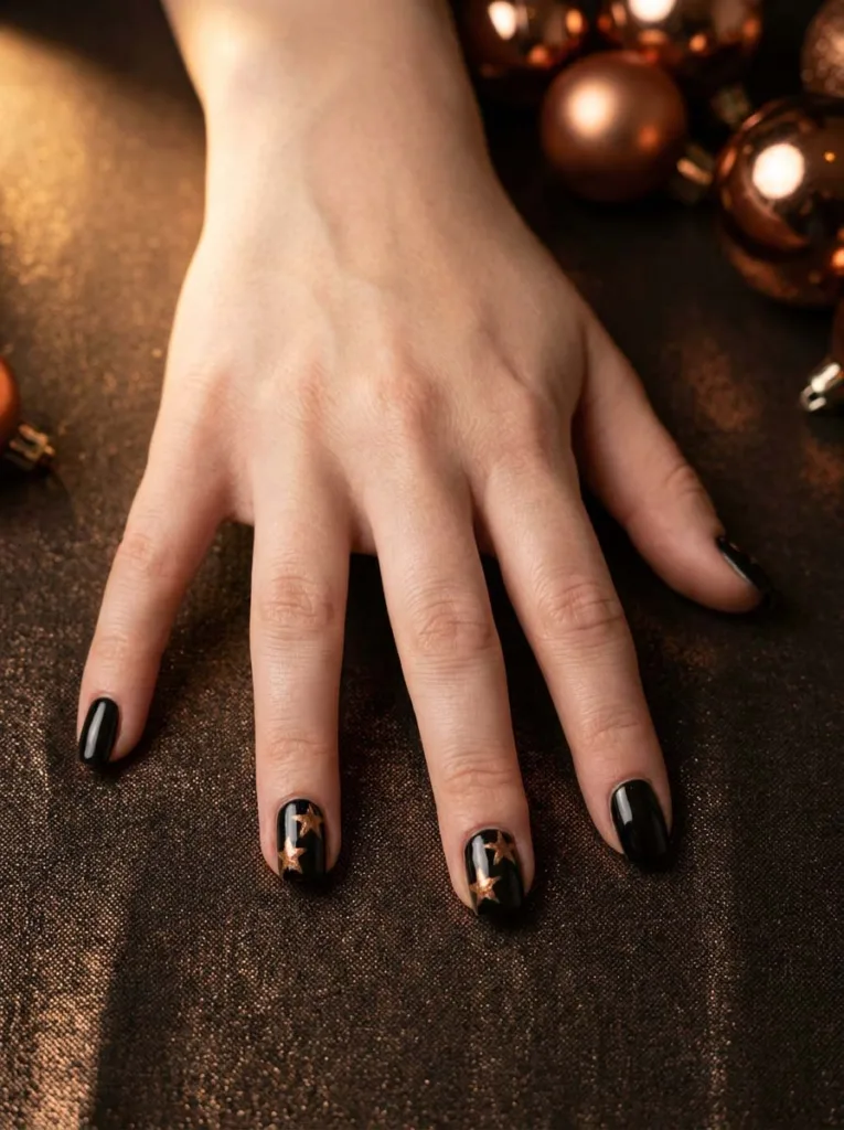 Bronze star accent new years nails on a black glossy base