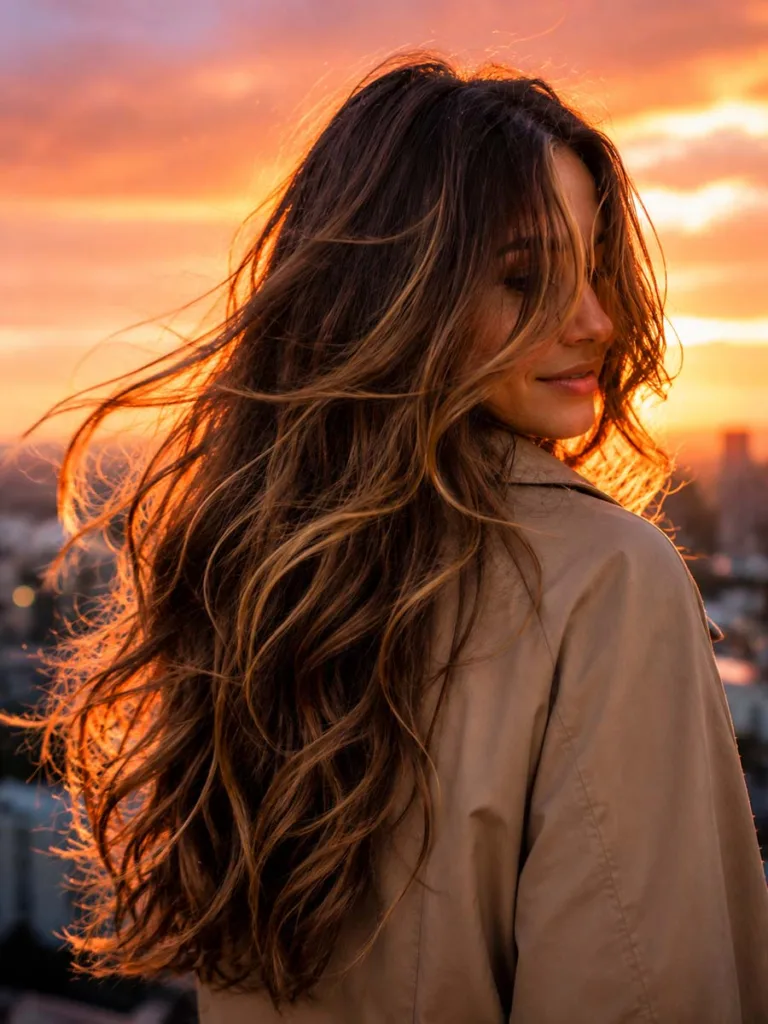 Wind-blown bronzed brown balayage hair against a vibrant sunset rooftop sky