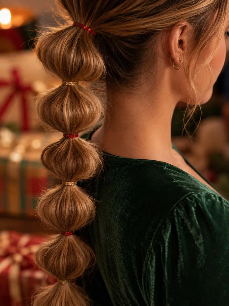 Close-up of a bubble braid christmas hairstyle with red and gold elastics