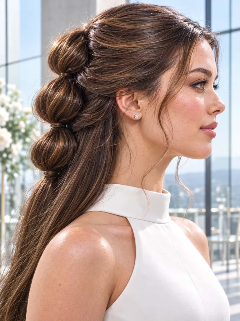 Bubble half ponytail wedding hairstyle for a modern venue