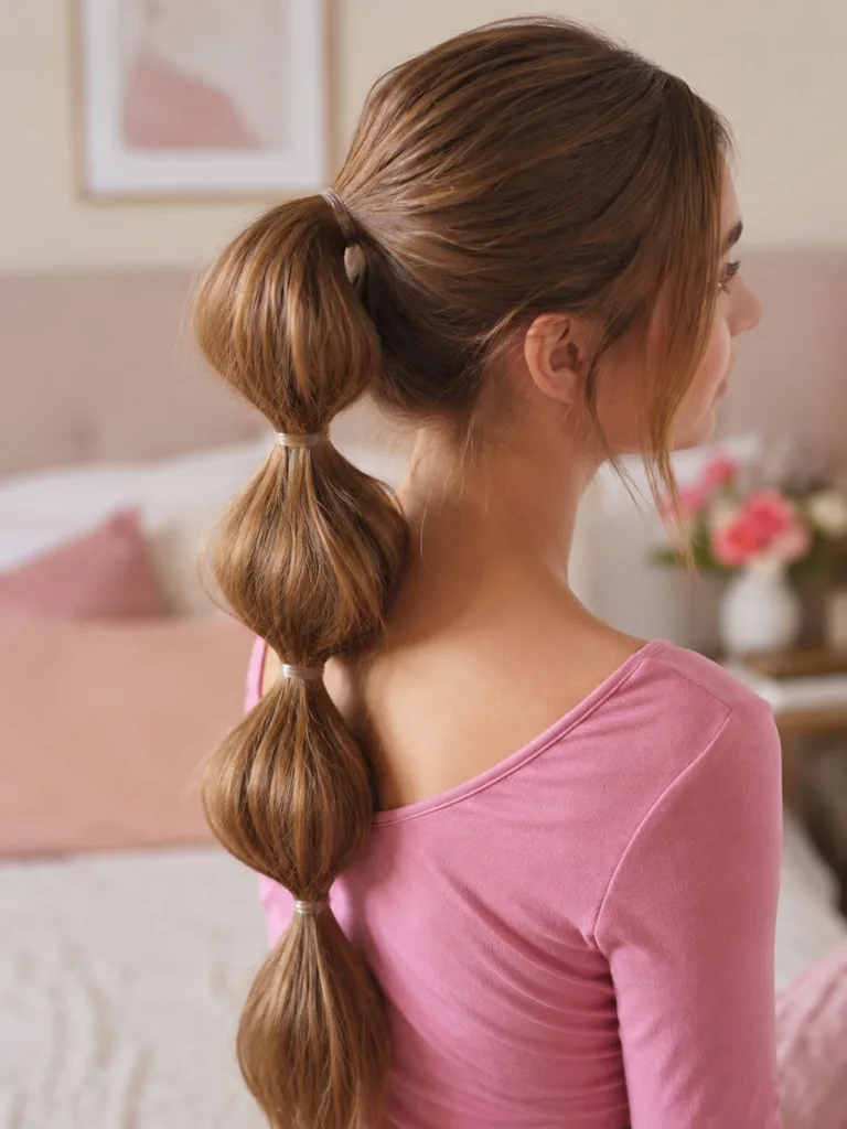 Woman with a bubble ponytail hairstyle showing sectioned hair on long hair