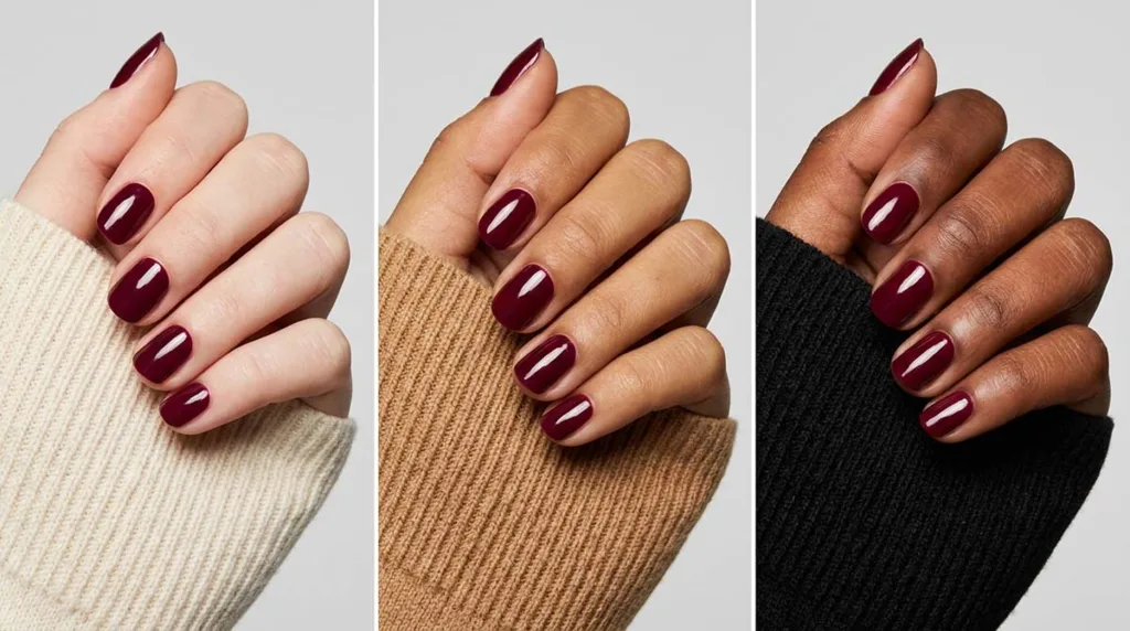 Burgundy nail polish shown on fair, olive, and deep skin tones side by side