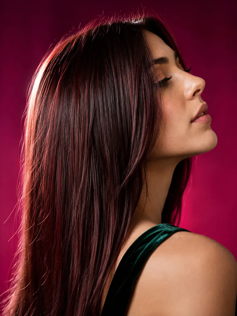 Dramatic side profile of burgundy brown hair color against a vibrant magenta backdrop