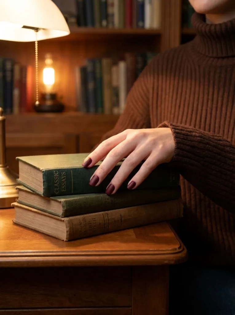 Fair-skinned hand with matte burgundy wine square winter nails resting on a stack of books